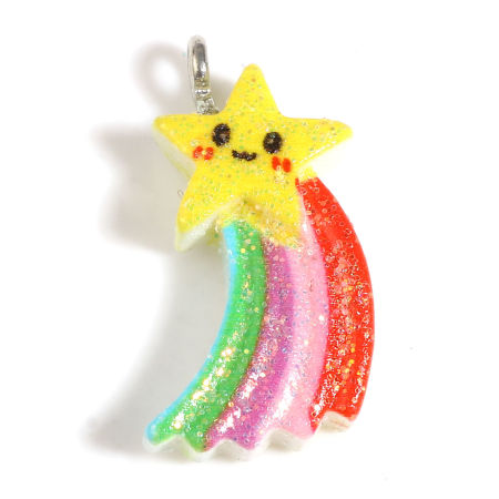 Image de Breloques Collection de Météo en Résine Arc-en-ciel Brillant Paillettes Argent Mat Multicolore Etoile 24mm x 12mm - 23mm x 11mm, 10 Pcs