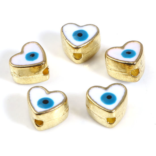 亜鉛合金 メタル 金属 宗教 スペーサー ビーズ ハート 金メッキ 白 邪眼彫刻 エナメル 約8mm x 7mm、 穴：約1.8mm、 10 個 の画像