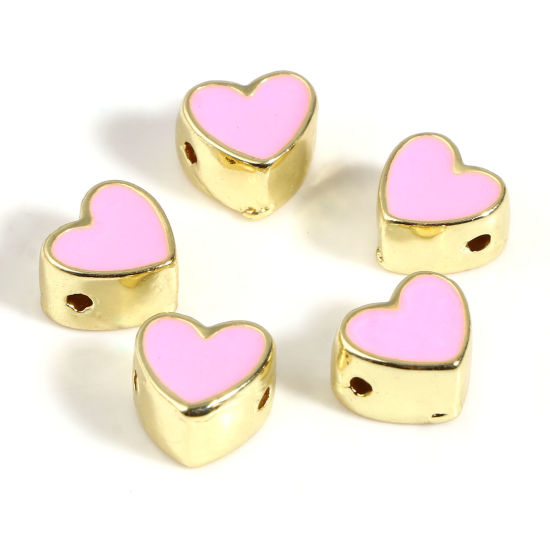 Immagine di Lega di Zinco San Valentino Perline Cuore Oro Placcato Rosa Smalto Circa 8mm x 8mm, Foro:Circa 1.5mm, 10 Pz