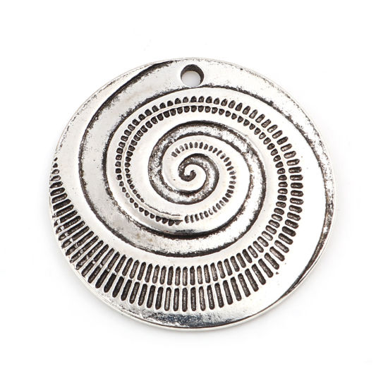 Picture of Zinc Based Alloy Charms Round Disc Antique Silver Color Swirl 28mm Dia., 10 PCs