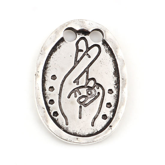 Immagine di Lega di Zinco Charms Cuore Mano gesto Argento Antico Ovale 23mm x 17mm , 10 Pz