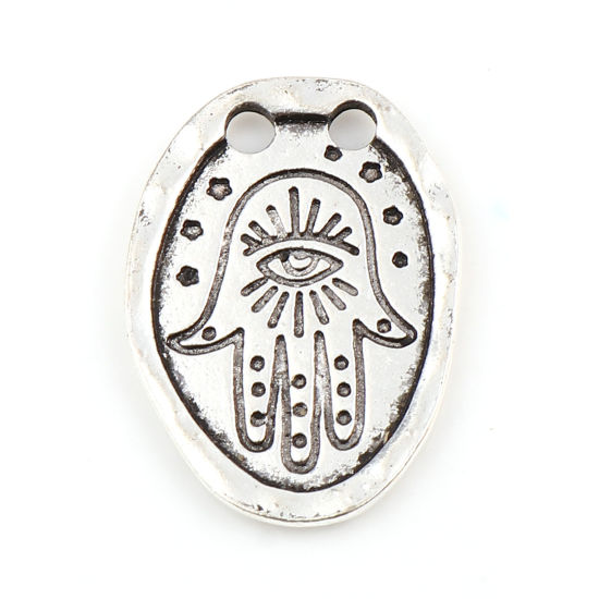 Immagine di Lega di Zinco Religione Charms Ovale Argento Antico Mano Simbolo di Hamsa 23mm x 16mm , 10 Pz