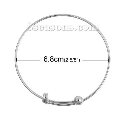 Picture of Brass Expandable Bangles Bracelets Single Bar Round Silver Tone With Removable Ball End Cap Adjustable From 22cm(8 5/8") - 20cm(7 7/8") long, 1 Piece                                                                                                         