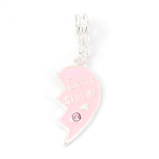 Bild von Zinnlegierung European Stil Charm Großloch Dangling Perlen Gebrochenes Herz Versilbert Message " Big Sister & Little Sister Transparent Strass, Rosa Emaille 3.7cm x1.2cm(1 4/8" x 4/8") 3.3cm x1cm(1 2/8" x 3/8"), 1 Set