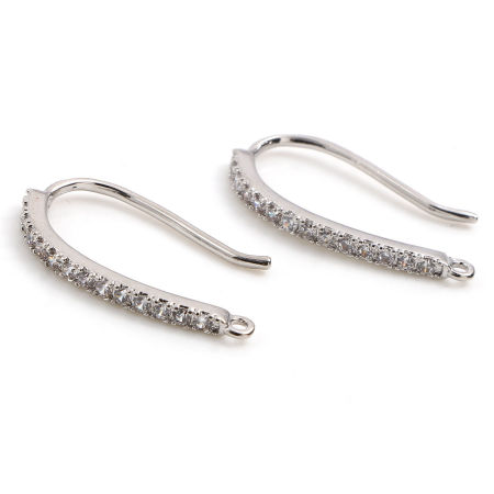 Picture of 2 PCs Brass Micro Pave Ear Wire Hooks Earrings For DIY Jewelry Making Accessories Real Platinum Plated Clear Rhinestone With Loop 20mm x 13mm, Post/ Wire Size: 1mm(18 gauge)