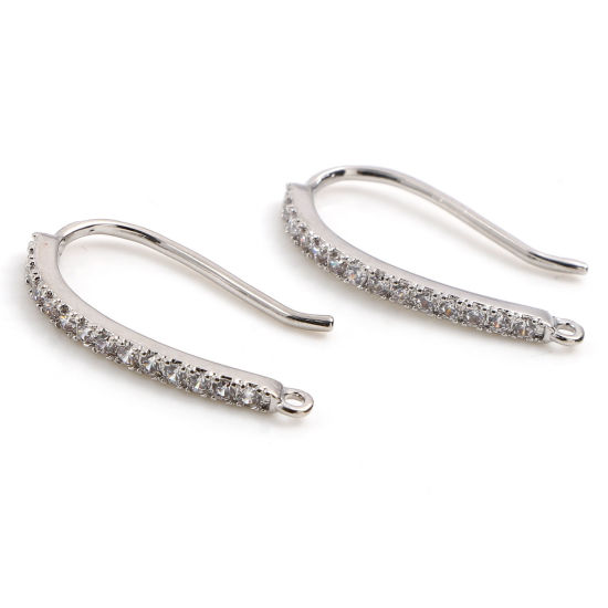 Picture of Brass Micro Pave Ear Wire Hooks Earring Real Platinum Plated U-shaped W/ Loop Clear Rhinestone 20mm x 13mm, Post/ Wire Size: (18 gauge), 2 PCs