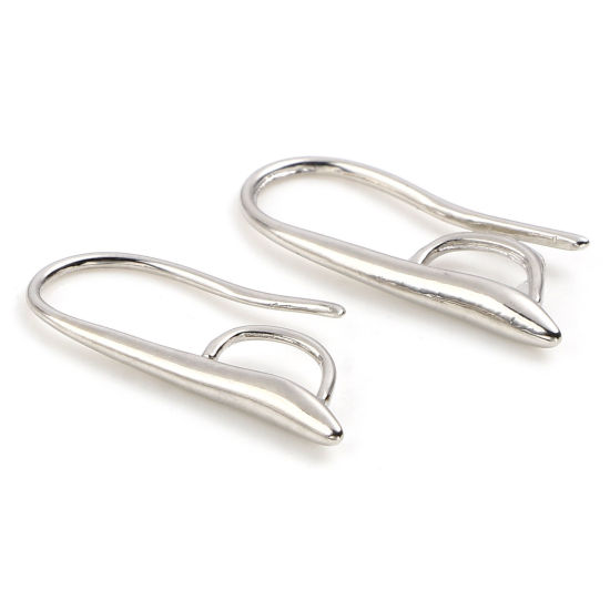 Picture of Brass Ear Wire Hooks Earring Real Platinum Plated U-shaped W/ Loop 21mm x 9mm, Post/ Wire Size: (19 gauge), 10 PCs