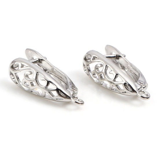 Picture of Brass Hoop Earrings Real Platinum Plated U-shaped Filigree W/ Loop 20mm x 6mm, Post/ Wire Size: (19 gauge), 2 PCs