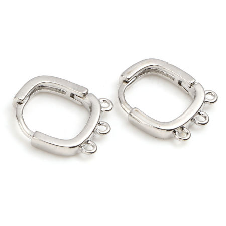 Picture of 2 PCs Brass Hoop Earrings Real Platinum Plated Quadrilateral With Loop 14mm x 13mm, Post/ Wire Size: 1mm(18 gauge)