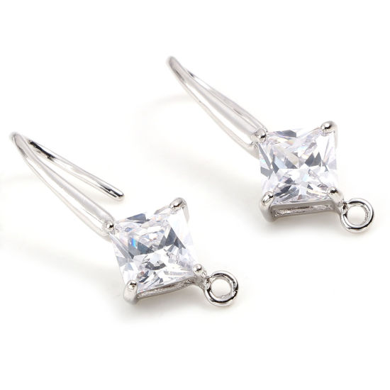 Picture of Brass Ear Wire Hooks Earring Real Platinum Plated U-shaped Rhombus W/ Loop Clear Cubic Zirconia 25mm x 9mm, Post/ Wire Size: (19 gauge), 2 PCs