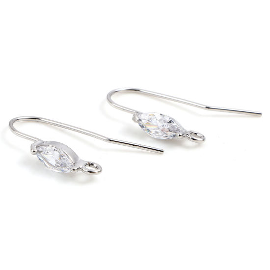 Picture of Brass Ear Wire Hooks Earring Real Platinum Plated Marquise W/ Loop Clear Rhinestone 20mm x 4mm, Post/ Wire Size: (21 gauge), 2 PCs