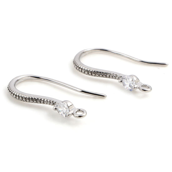 Picture of Brass Ear Wire Hooks Earring Real Platinum Plated Hook W/ Loop Clear Rhinestone 18mm x 14mm, Post/ Wire Size: (21 gauge), 2 PCs