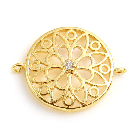 Image de Connecteurs en Laiton Plaqué Or Véritable 18K Rond Fleurs à Zircone Cubique Clair 18mm x 14mm, 2 Pcs