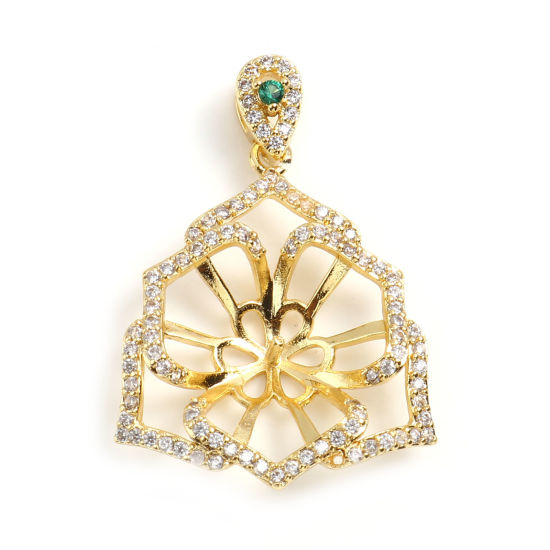 Picture of Brass Micro Pave Pearl Pendant Connector Bail Pin Cap 18K Real Gold Plated Flower Needle Thickness: 0.8mm, Clear Rhinestone Green Cubic Zirconia 31mm x 21mm, 1 Piece