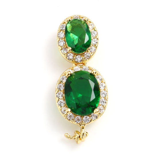 Picture of Brass Micro Pave Pearl Pendant Connector Bail Pin Cap 18K Real Gold Plated Oval Needle Thickness: 0.8mm, Clear Rhinestone Green Cubic Zirconia 29mm x 10mm, 1 Piece