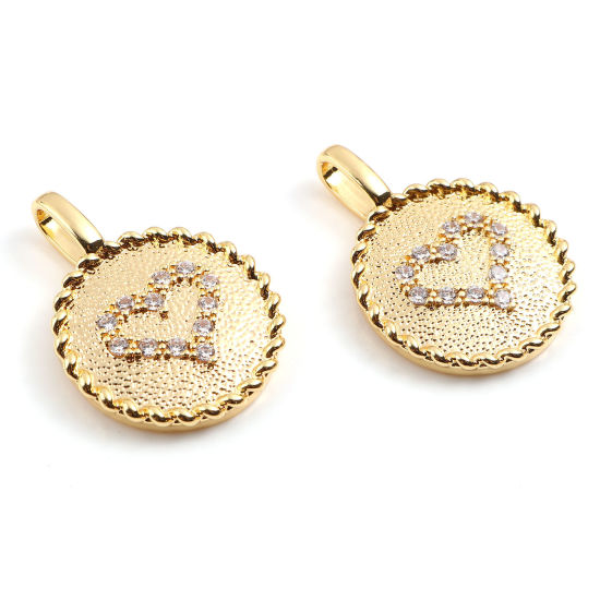 Изображение Латунь День святого Валентина Подвески Круглые 18K настоящее золото с покрытием Сердце Бижутерия усыпанная мелким фианит Прозрачный Страз 26мм x 19мм, 1 ШТ