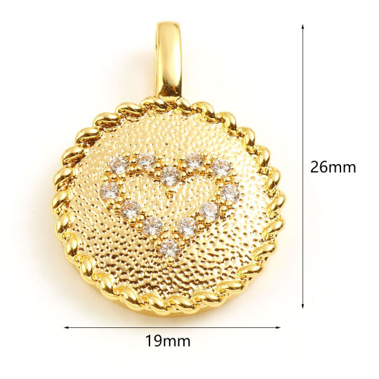 Изображение Латунь День святого Валентина Подвески Круглые 18K настоящее золото с покрытием Сердце Бижутерия усыпанная мелким фианит Прозрачный Страз 26мм x 19мм, 1 ШТ
