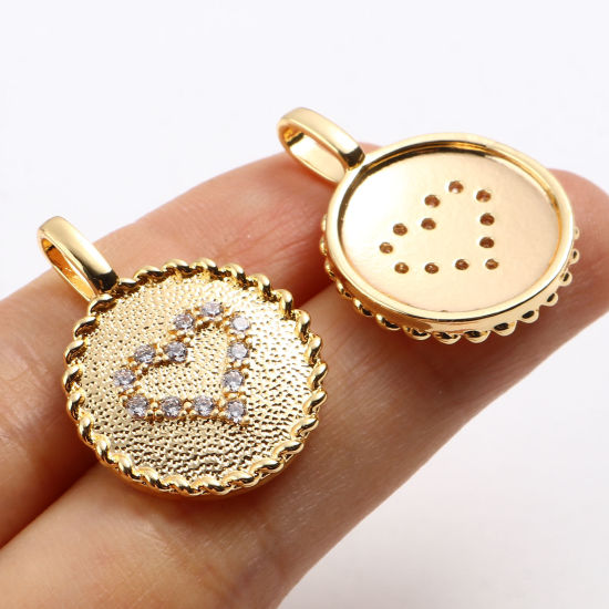 Изображение Латунь День святого Валентина Подвески Круглые 18K настоящее золото с покрытием Сердце Бижутерия усыпанная мелким фианит Прозрачный Страз 26мм x 19мм, 1 ШТ