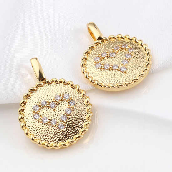 Изображение Латунь День святого Валентина Подвески Круглые 18K настоящее золото с покрытием Сердце Бижутерия усыпанная мелким фианит Прозрачный Страз 26мм x 19мм, 1 ШТ