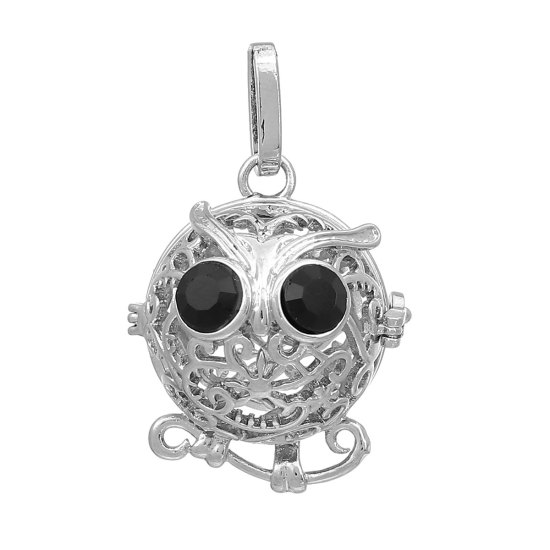 Picture of Copper Mexican Angel Caller Bola Harmony Ball Wish Box Pendants Silver Tone Halloween Owl Hollow Carved Black Rhinestone Can Open (Fit Bead Size: 16mm) 3.6cm x2.6cm(1 3/8" x1") - 3.5cm x2.6cm(1 3/8" x1"), 1 Piece