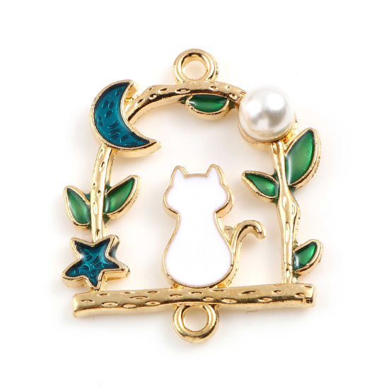 Imagen de Zamak Conectores De arco Chapado en Oro Azul & Verde Gato Imitación de perla 27mm x 23mm, 10 Unidades