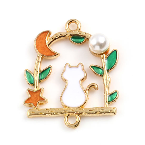 Imagen de Zamak Conectores De arco Chapado en Oro Verde & Naranja Gato Imitación de perla 27mm x 23mm, 10 Unidades