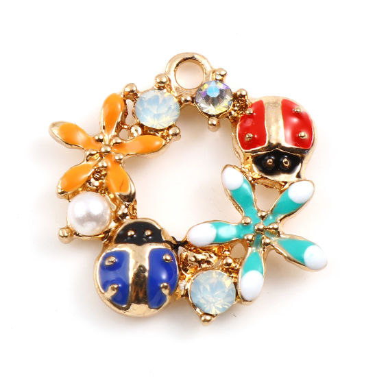 Immagine di Lega di Zinca + Acrilato Insetto Charms Coccinella Oro Placcato Multicolore Fiore Verde Chiaro Strass Imitata Perla 20mm x 18mm , 5 Pz