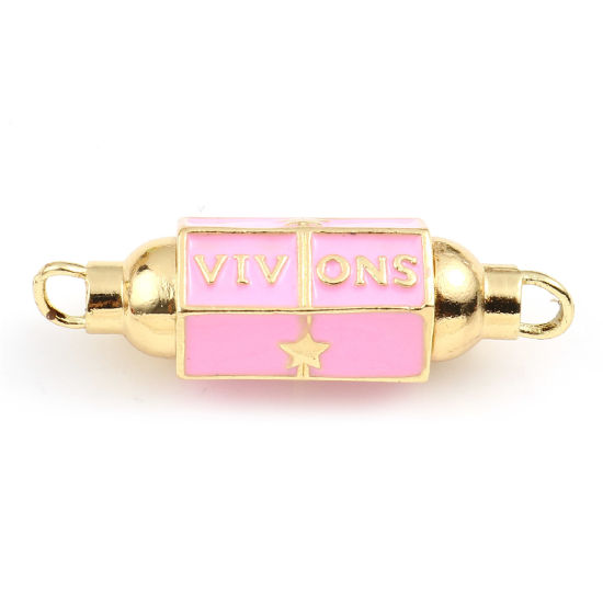 Imagen de Latón Conectores Prisma Hexagonal Chapado en Oro Rosado Estrellas de cinco puntos Mensaje " VIVONS " Esmalte 36mm x 12mm, 1 Unidad