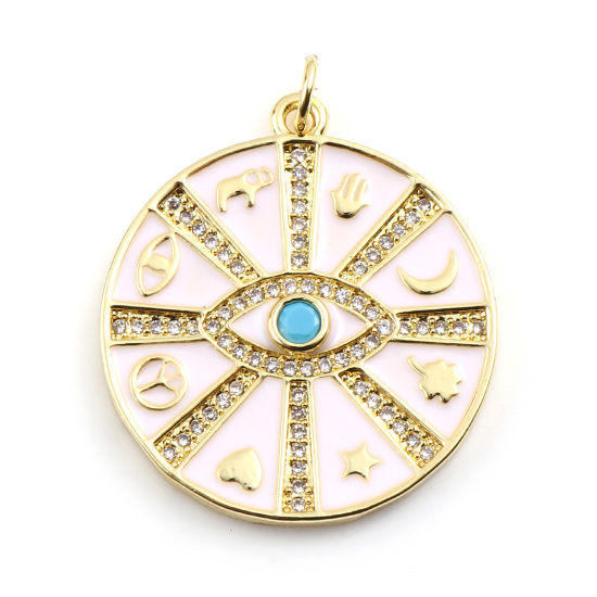 Изображение Латунь религия Подвески Позолоченный Белый Круглые Рука Хамса Символ Бижутерия усыпанная мелким фианит Прозрачный Горный Хрусталь 31мм x 25мм, 1 ШТ