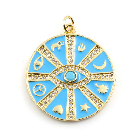 Изображение Латунь религия Подвески Позолоченный Синий Круглые Рука Хамса Символ Бижутерия усыпанная мелким фианит Прозрачный Горный Хрусталь 31мм x 25мм, 1 ШТ