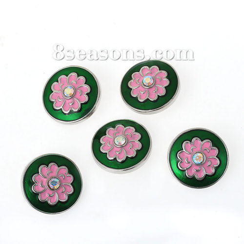 Picture of 20mm Zinc Based Alloy Snap Button Round Silver Tone Dark green & Pink Enamel Flower Carved AB Color Rhinestone Fit Snap Button Bracelets, Knob Size: 5.5mm( 2/8"), 1 Piece