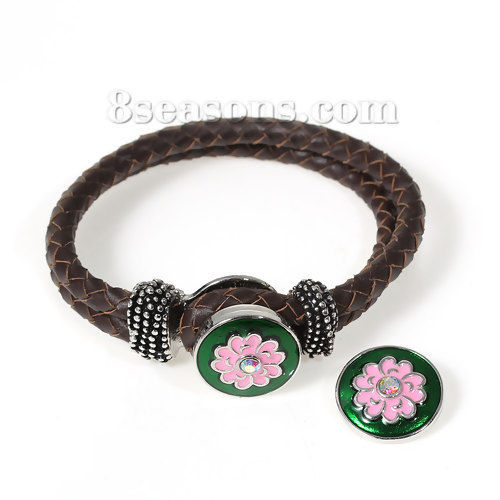 Picture of 20mm Zinc Based Alloy Snap Button Round Silver Tone Dark green & Pink Enamel Flower Carved AB Color Rhinestone Fit Snap Button Bracelets, Knob Size: 5.5mm( 2/8"), 1 Piece