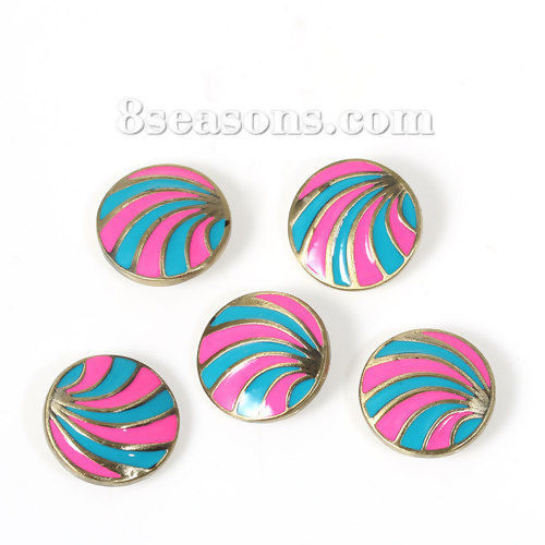 Picture of 20mm Zinc Based Alloy Snap Button Round Antique Bronze Blue & Pink Enamel Shell Pattern Fit Snap Button Bracelets, Knob Size: 5.5mm( 2/8"), 1 Piece