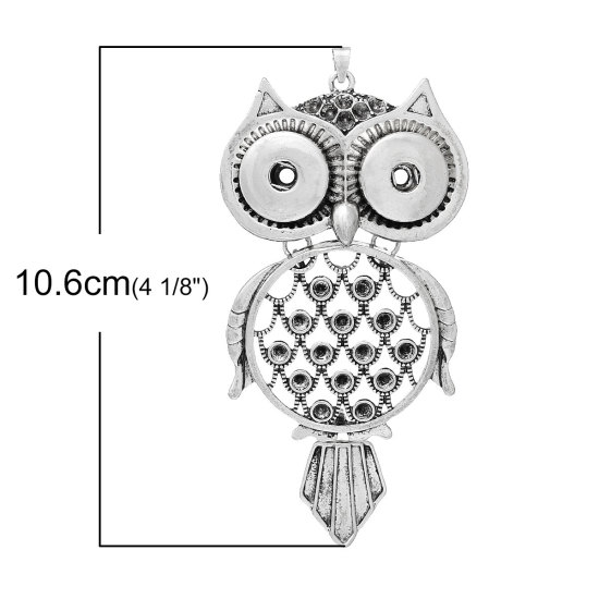 Picture of Alloy Snap Button Pendants Fit 18mm/20mm Snap Buttons Owl Antique Silver Color (Fit ss16 Rhinestone) 106mm(4 1/8") x 52mm(2"), Hole Size: 6mm( 2/8"), 1 Piece