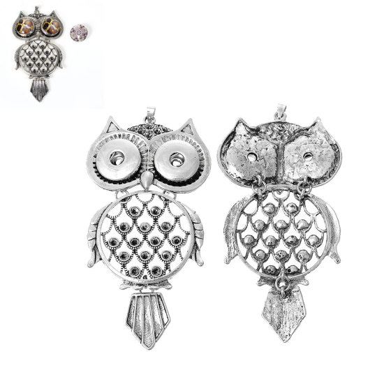 Picture of Alloy Snap Button Pendants Fit 18mm/20mm Snap Buttons Owl Antique Silver Color (Fit ss16 Rhinestone) 106mm(4 1/8") x 52mm(2"), Hole Size: 6mm( 2/8"), 1 Piece