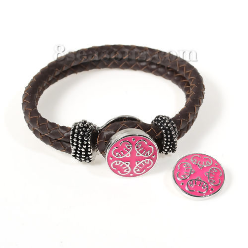 Picture of 20mm Zinc Based Alloy Snap Button Round Silver Tone Fuchsia Enamel Pattern Carved Fit Snap Button Bracelets, Knob Size: 5.5mm( 2/8"), 1 Piece