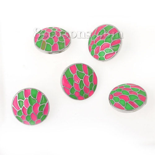 Picture of 16mm Zinc Based Alloy Snap Button Round Silver Tone Green & Dark Pink Enamel Geometric Carved Fit Snap Button Bracelets, Knob Size: 4.8mm( 2/8"), 1 Piece