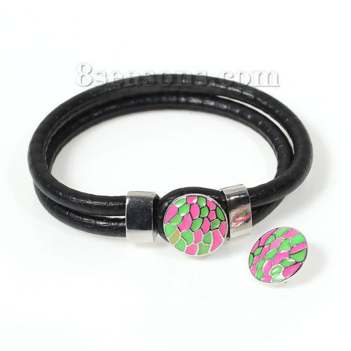 Picture of 16mm Zinc Based Alloy Snap Button Round Silver Tone Green & Dark Pink Enamel Geometric Carved Fit Snap Button Bracelets, Knob Size: 4.8mm( 2/8"), 1 Piece