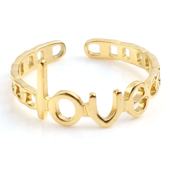 Picture of 1 Piece Vacuum Plating Stainless Steel Open Adjustable Rings Gold Plated " Love " 18.5mm(US size 8.5)