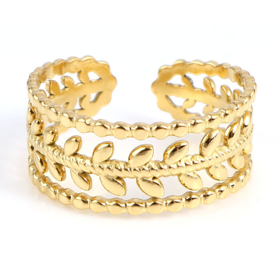Picture of 1 Piece Vacuum Plating Stainless Steel Open Adjustable Rings Gold Plated Leaf Dot Multilayer 18.5mm(US size 8.5)