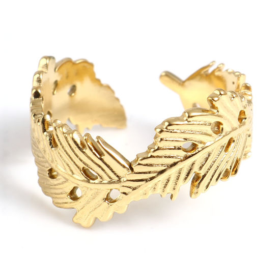 Picture of 1 Piece Vacuum Plating Stainless Steel Open Adjustable Rings Gold Plated Feather 18.5mm(US size 8.5)