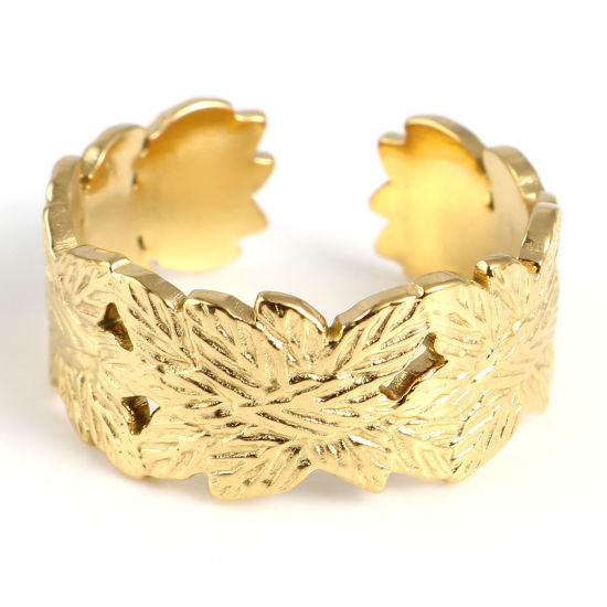 Picture of 1 Piece Vacuum Plating Stainless Steel Open Adjustable Rings Gold Plated Leaf 18.5mm(US size 8.5)
