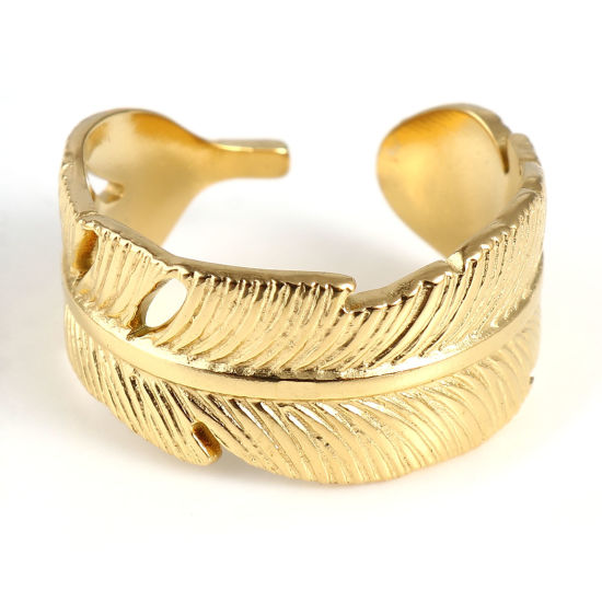 Picture of 1 Piece Vacuum Plating Stainless Steel Open Adjustable Rings Gold Plated Feather 18.5mm(US size 8.5)