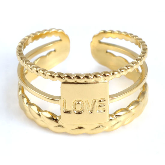 Picture of 1 Piece Vacuum Plating Stainless Steel Open Adjustable Rings Gold Plated Rectangle Message " LOVE " Multilayer 18.5mm(US size 8.5)