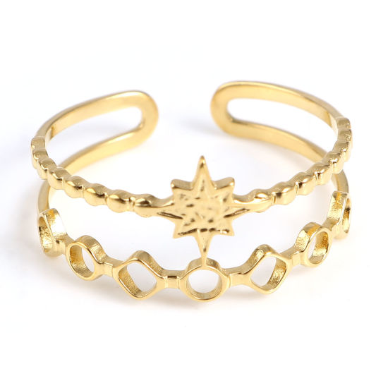 Picture of 1 Piece Vacuum Plating Stainless Steel Open Adjustable Rings Gold Plated Round Star 18.5mm(US size 8.5)