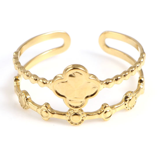 Picture of 1 Piece Vacuum Plating Stainless Steel Open Adjustable Rings Gold Plated Flower Dot 18.5mm(US size 8.5)
