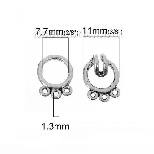 Picture of Zinc Based Alloy Hook Clasps Circle Ring Antique Silver Color 3 Holes 15mm x11mm 14mm x11mm, 10 Sets