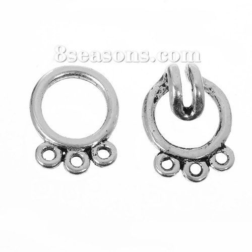 Picture of Zinc Based Alloy Hook Clasps Circle Ring Antique Silver Color 3 Holes 15mm x11mm 14mm x11mm, 10 Sets