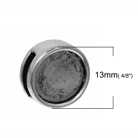 Bild von Zinklegierung Slider Schiebeperlen Perlen Flachrund Antiksilber Cabochon Fassung (Geeignet für 11mm) ca. 13mm D., Loch:ca. 8mm x 2mm (Für 8mm x 2mm Schnur), 10 Stück