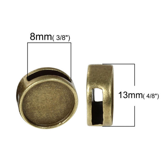 Bild von Zinklegierung Slider Schiebeperlen Perlen Flachrund Versilbert Cabochon Fassung (Geeignet für 11mm) ca. 13mm D., Loch:ca. 8mm x 2mm (Für 8mm x 2mm Schnur), 10 Stück